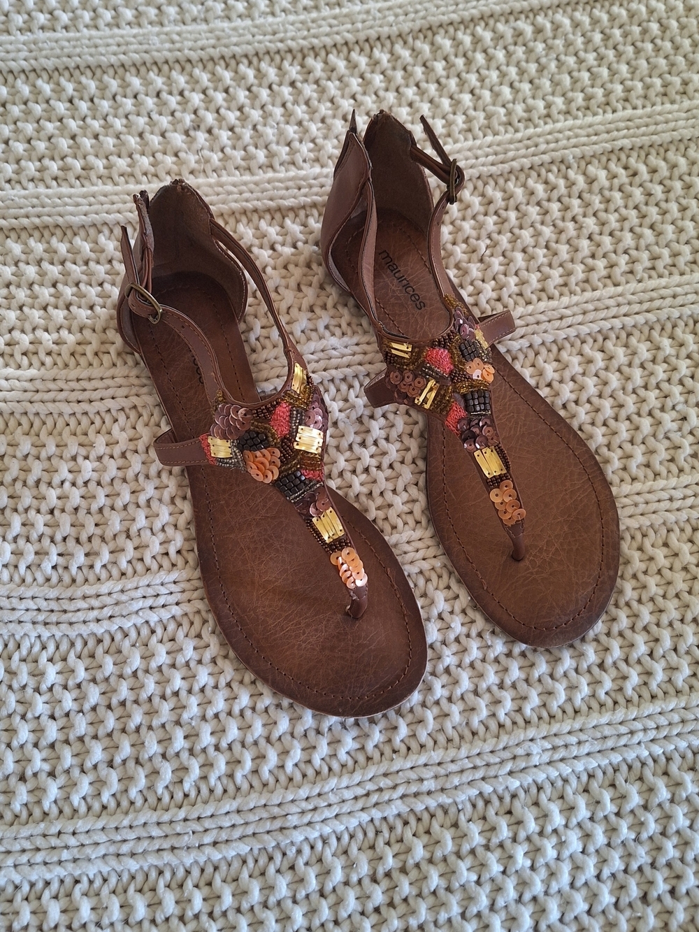 Maurices Brown Beaded T-Strap Sandals Size 8
